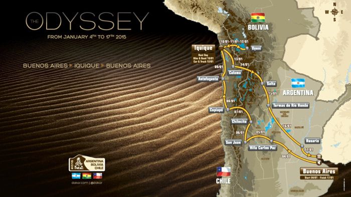 Ο επίσημος χάρτης για τη διαδρομή του Dakar 2015. Εκκίνηση στο Μπουένος 'Αιρες στις 4 Ιανουαρίου, και κατάληξη στην ίδια πόλη στις 17 Ιανουαρίου.