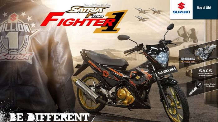 Fighter 1 ονομάζει την ειδική έκδοση του Satria, η Suzuki στην Ινδονησία. Μαζί με το παπί, παίρνετε και μπουφάν!