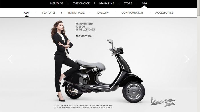 H νέα Vespa 946 έχει έντονη παρουσία στο site της εταιρείας. 