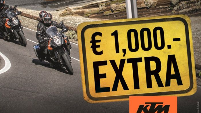 Από 1 Μαΐου-30 Ιουνίου 2015 μπορείτε να ανταλλάξετε την παλιά σας μοτοσυκλέτα με μια καινούργια KTM 1050 ADVENTURE, με bonus ανταλλαγής 1.000 Ευρώ!
