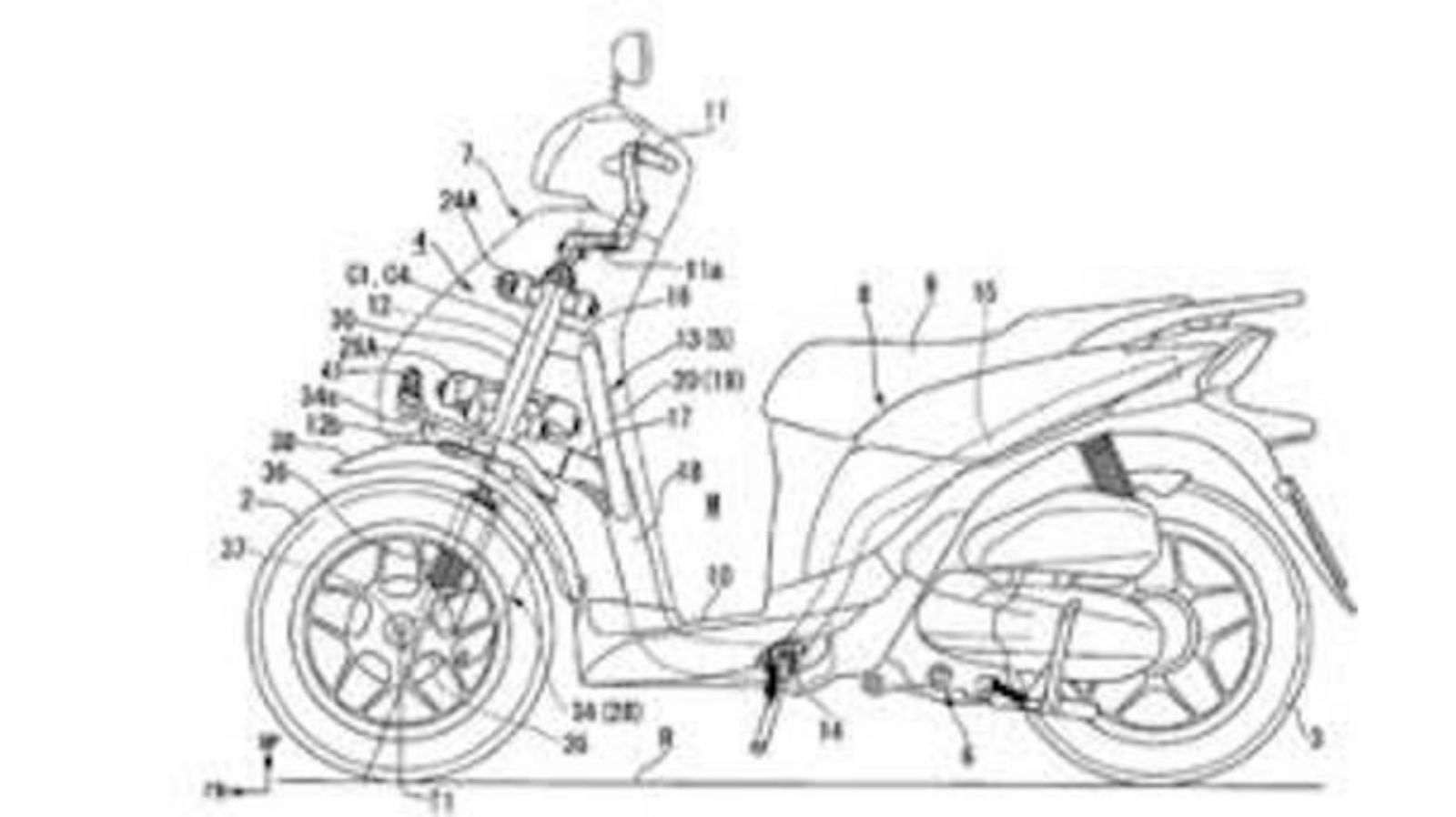 To σχέδιο που κατέθεσε η Honda. Φαίνεται η αντισυμβατική ανάρτηση εμπρός, η οποία θυμίζει διάταξη Hossack και υπονοεί την ύπαρξη τριών τροχών!