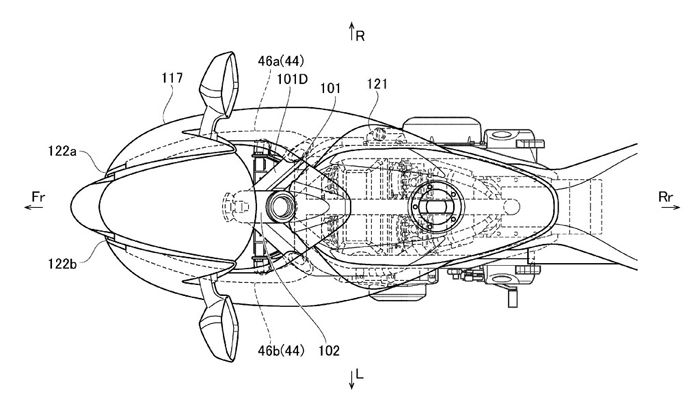 Τα σχέδια της Suzuki που δείχνουν δύο αεραγωγούς να καταλήγουν από το μπροστινο μέρος του fairing, στην κεφαλή του κινητήρα. 