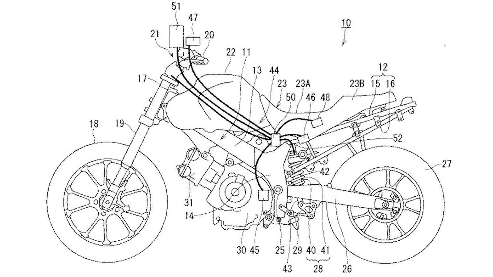 To σχέδιο που κατέθεσε προς κατοχύρωση η Suzuki. Το σύστημα και τα σημεία από τα οποία παίρνει πληροφορίες φαίνεται στο κέντρο. 