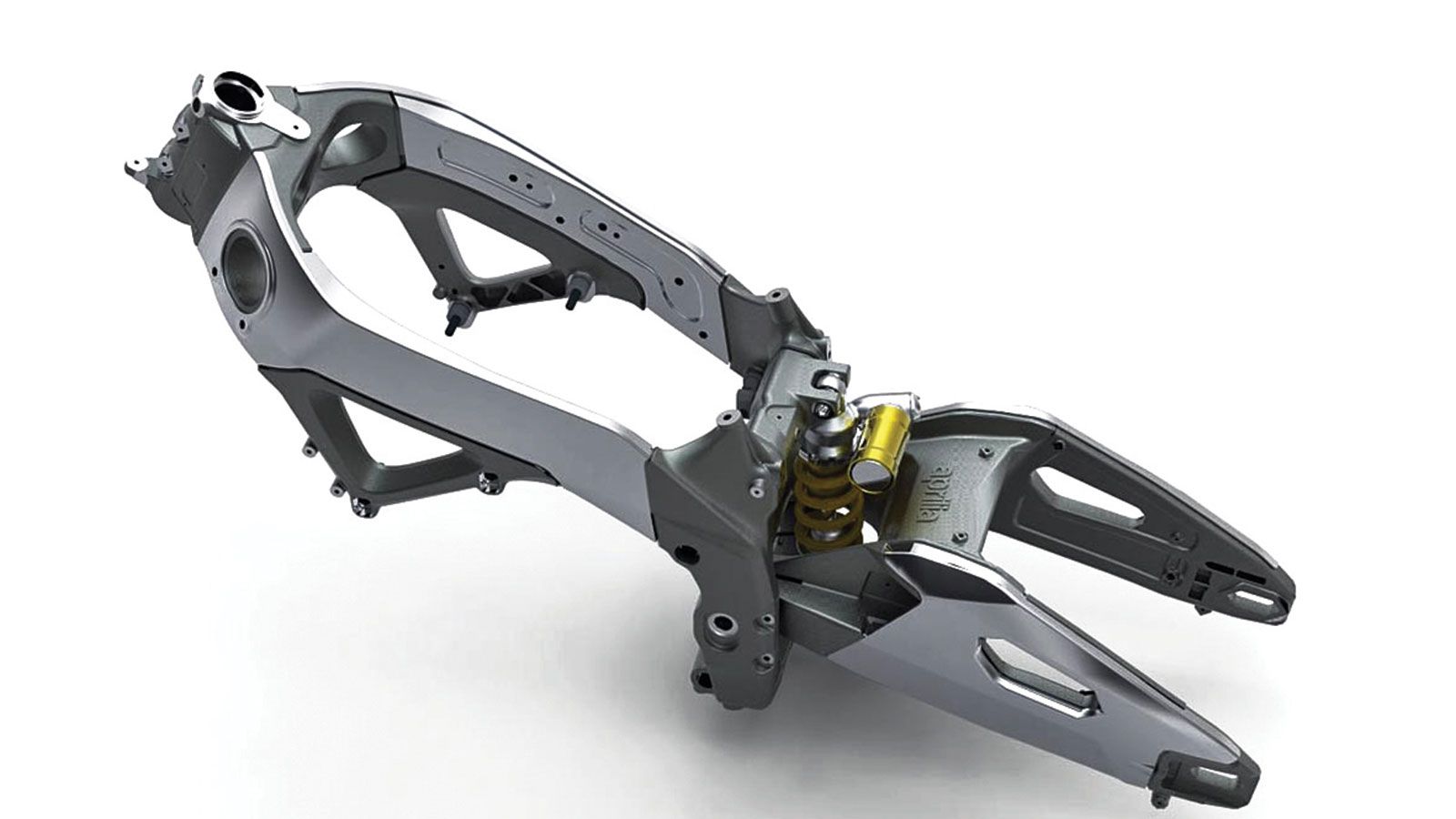 Αλουμινένιο πλαίσιο δύο δοκών από Superbike μοτοσικλέτα παραγωγής. Πολύ μεγάλη διατομή των δοκών και «ευθεία πορεία» από τον λαιμό προς το ψαλίδι. 