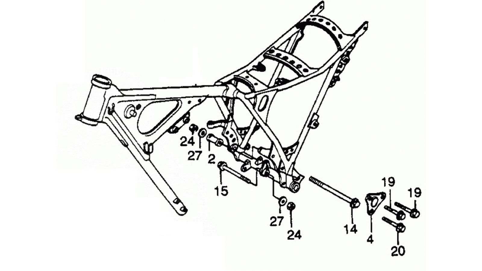 Ατσάλινο, μονό, ανοικτό, σωληνωτό πλαίσιο. Παρατηρείστε πως διαιρείται σε δύο τμήματα στο πίσω μέρος του και κατεβαίνει προς τα κάτω, στην έδραση του 