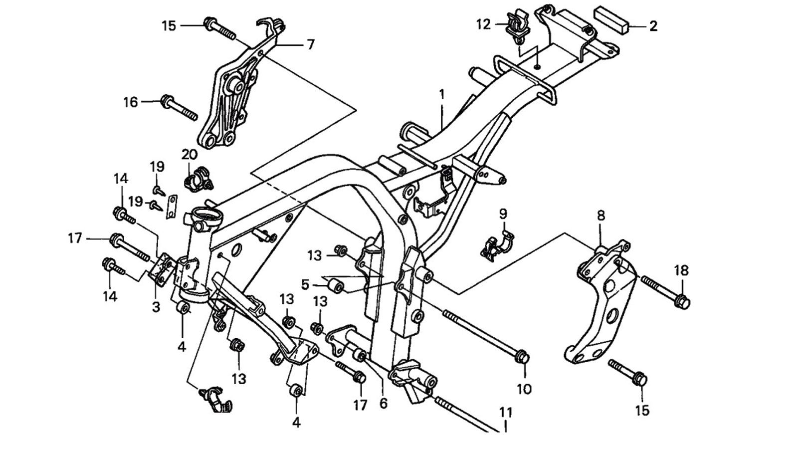 Πλαίσιο μονής ραχοκοκαλιάς. Η στιβαρή κεντρικό δοκός με την παραλληλόγραμμή διατομή, συνεχίζει χωρίς να διαιρείται, μέχρι το ψαλίδι. 