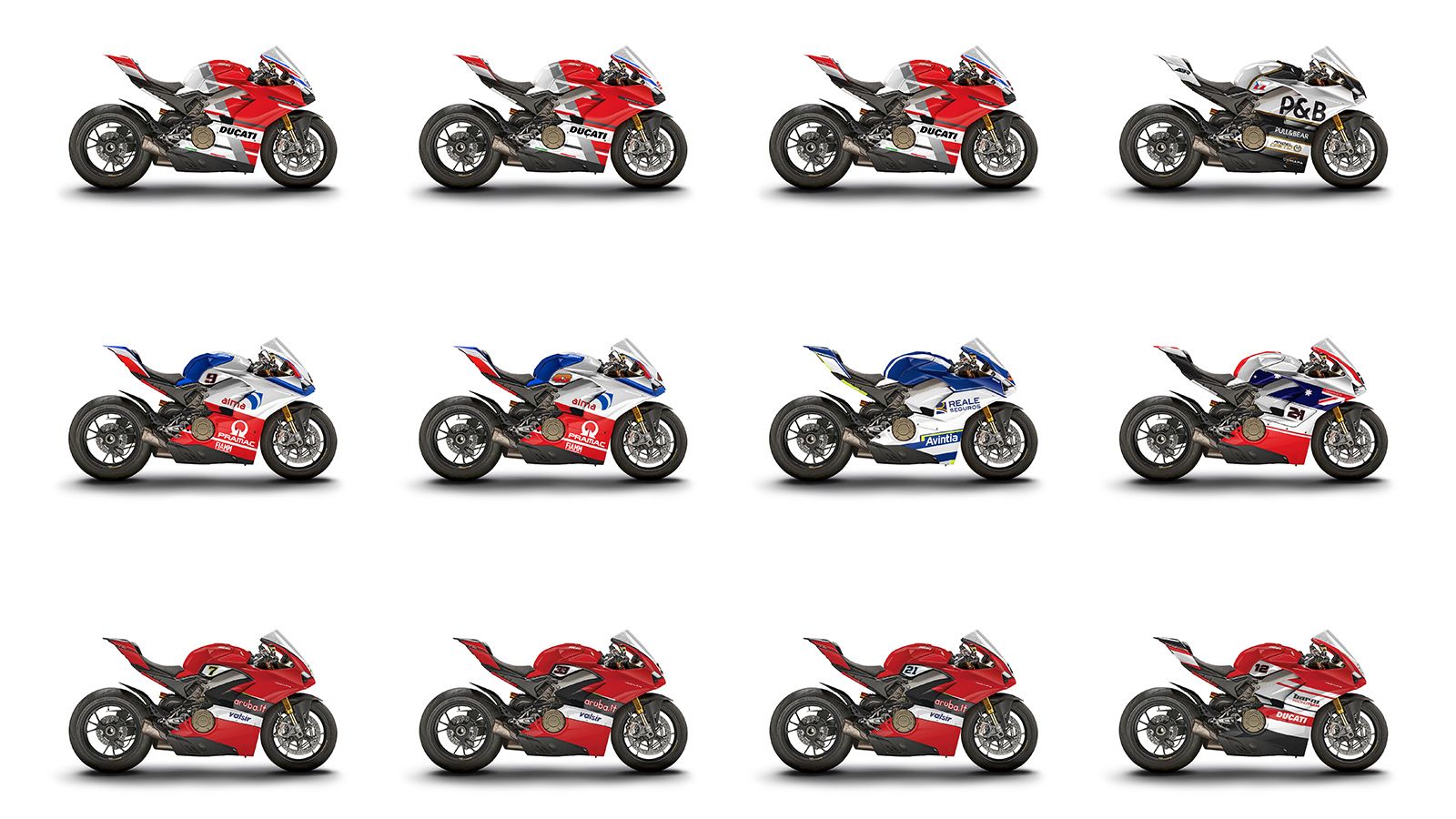 Τα 12 διαφορετικά χρώματα, των αγωνιστικών Panigale V4 που ετοιμάστηκαν για τον Race of the Champions