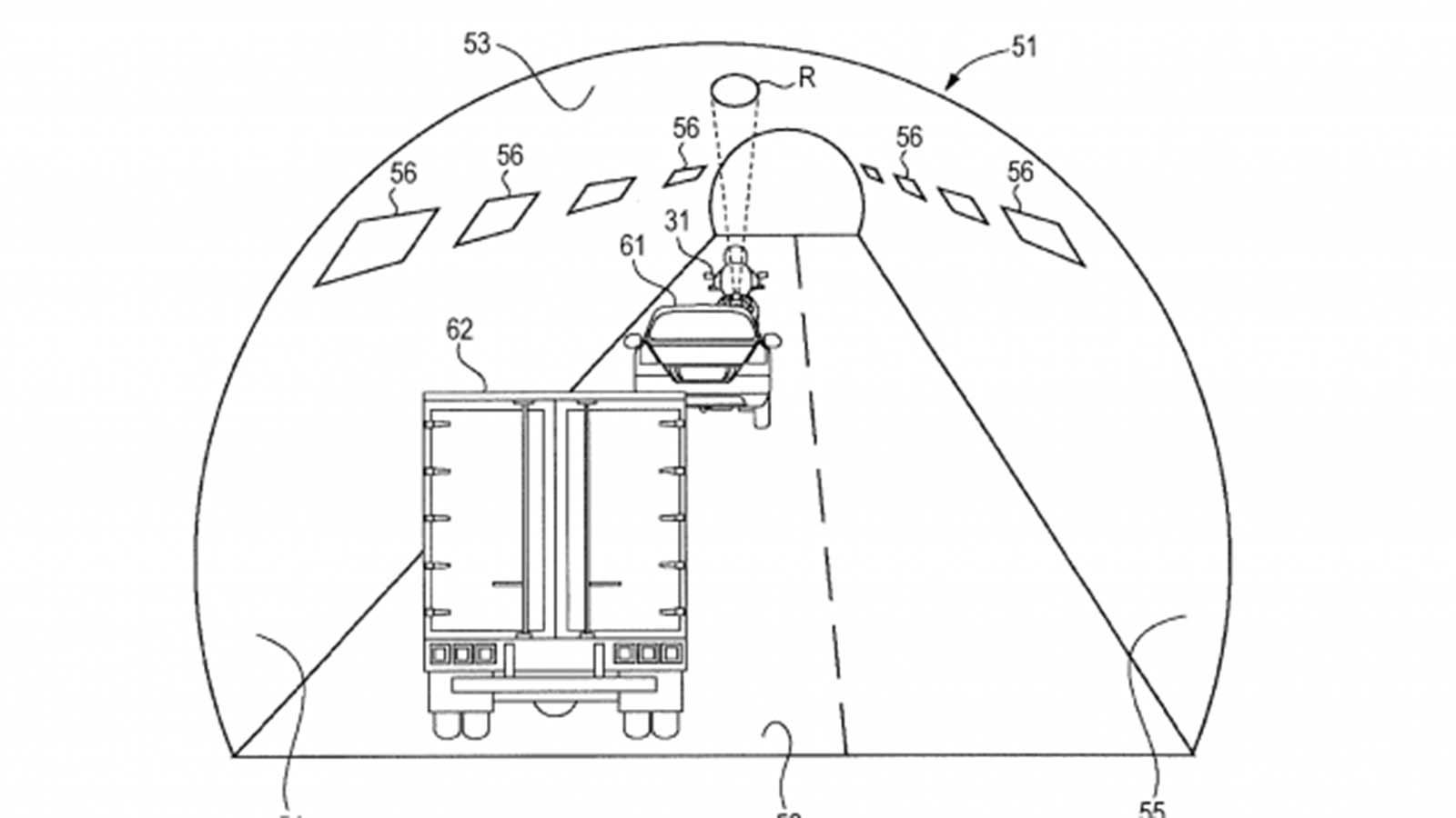 H μοτοσυκλέτα φωτίζει προς τα επάνω, δημιουργώντας μια φωτεινή κηλίδα στην οροφή του τούνελ.