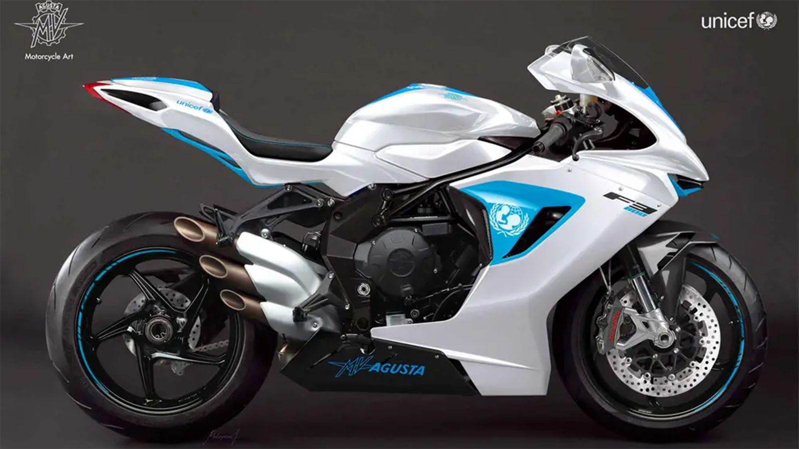 Η ειδική MV Agusta F3 800 που δημιουργήθηκε για την πράξη υποστήριξης προς την Unicef.