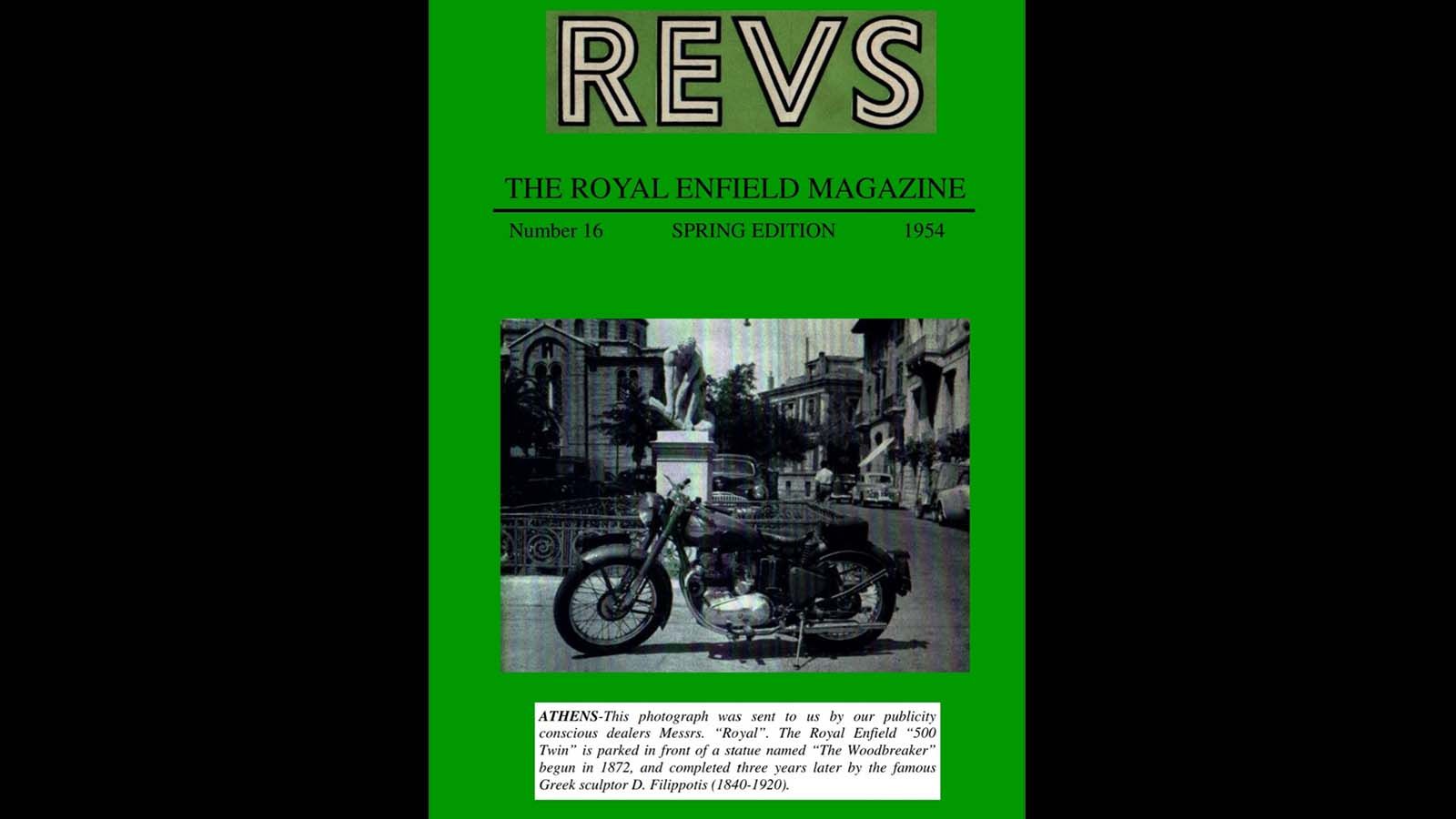 Το εξώφυλλο του τεύχους Revs της Royal Enfield, με την ελληνική φωτογραφία σε πρώτο πλάνο.