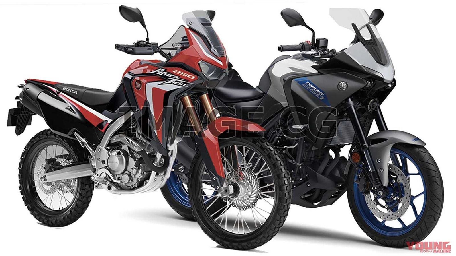 Αριστερά, το υποθετικό Honda Africa Twin 250, δίπλα σε ένα επίσης υποθετικό Yamaha Tracer 250.