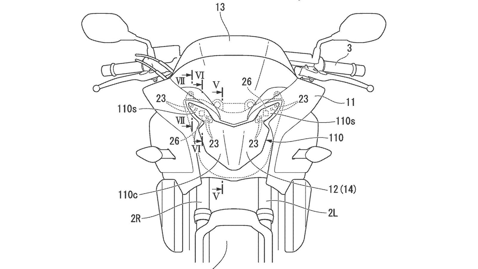 Σχέδιο από την πατέντα της Honda: Οι κάμερες έχουν τον αριθμό 26 και είναι τοποθετημένες δεξιά και αριστερά του φαναριού.