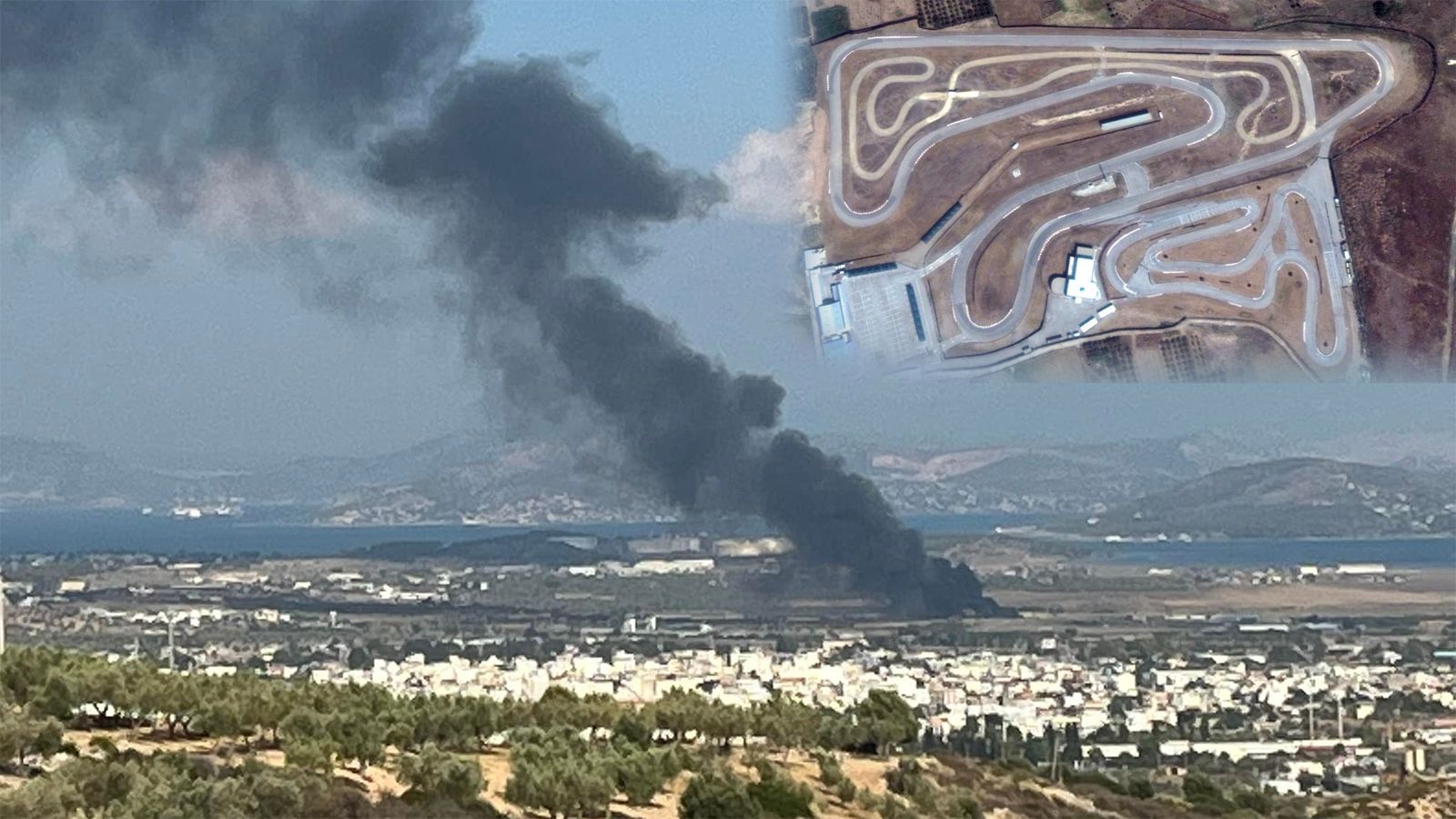 Φωτογραφία της στήλης μαύρου καπνού, που δημιουργήθηκε από την φωτιά στα προστατευτικά λάστιχα της πίστας.