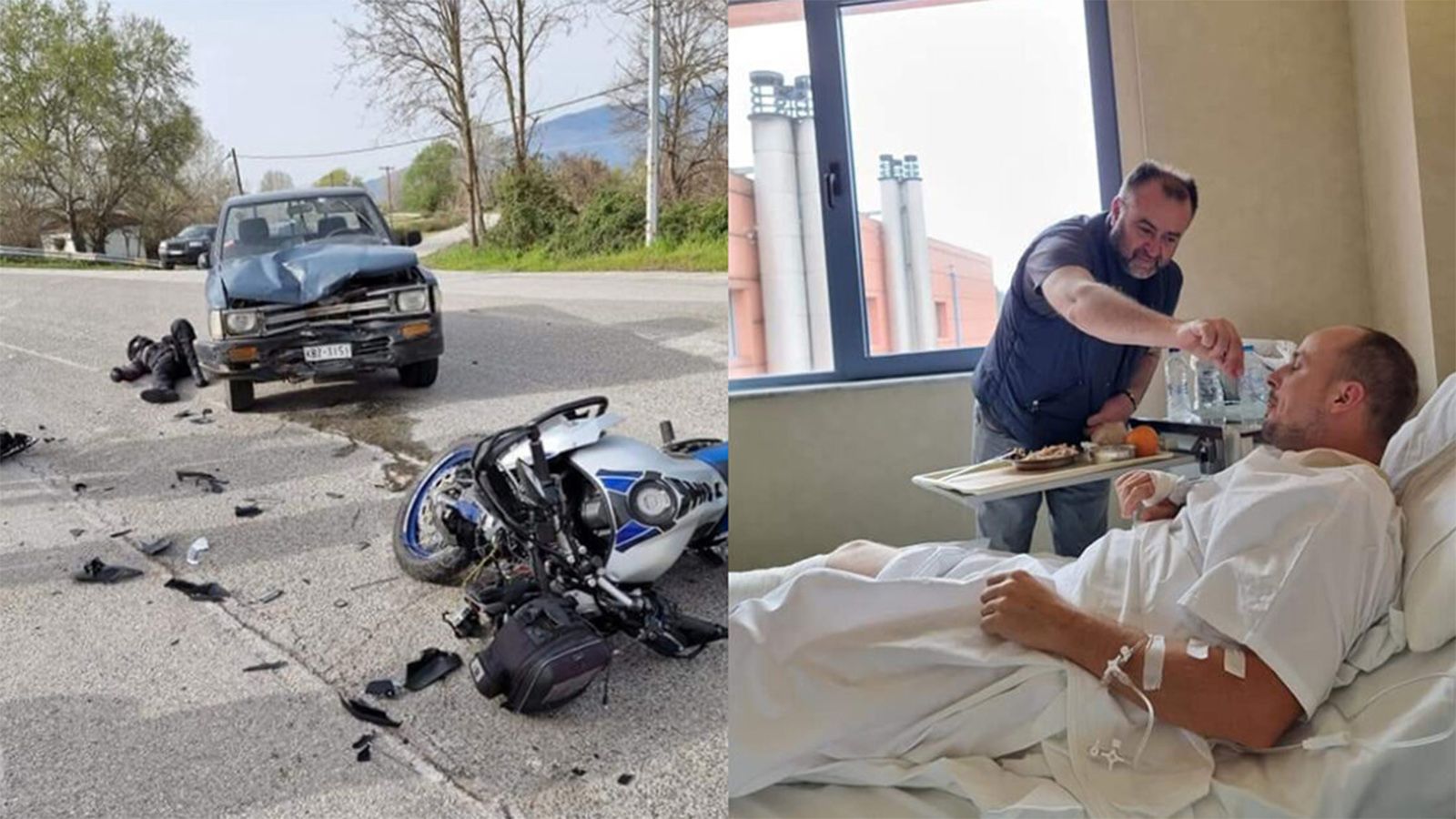 Αριστερά: Φωτό από το ατύχημα. Δεξιά: O Antun στο νοσοκομείο, δέχεται την βοήθεια του Έλληνα συντρόφου-συντρόχου. (Kavalapost.gr)
