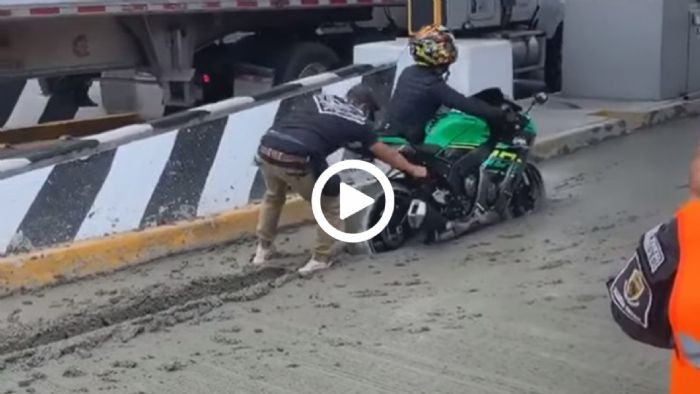 Μοτοσικλετιστής κόλλησε σε φρέσκο τσιμέντο [video]