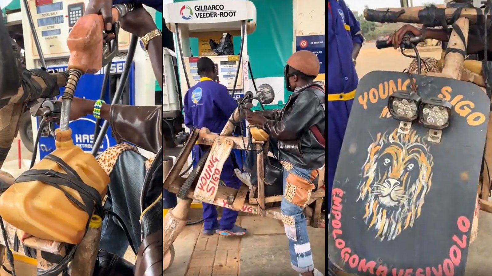 Μια εικόνα που δύσκολα θα ξεχάσεις: ένας άντρας στην Αφρική οδηγεί μια αυτοσχέδια μοτοσυκλέτα με ξύλινο σκελετό και ξύλινο τροχό. Το όχημα καλύπτεται 