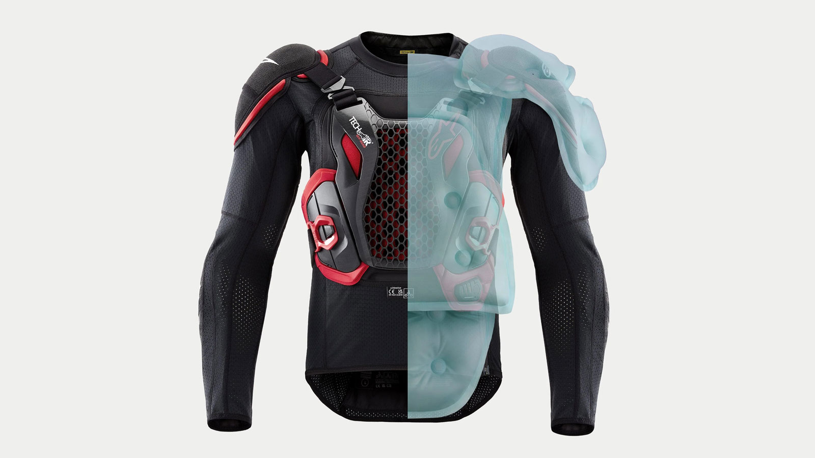 Εδώ βλέπουμε τα σημεία που φουσκώνουν για την προστασία κορμού, σπονδυλικής στήλης και αυχένα σε ένα γιλέκο με αερόσακο. 