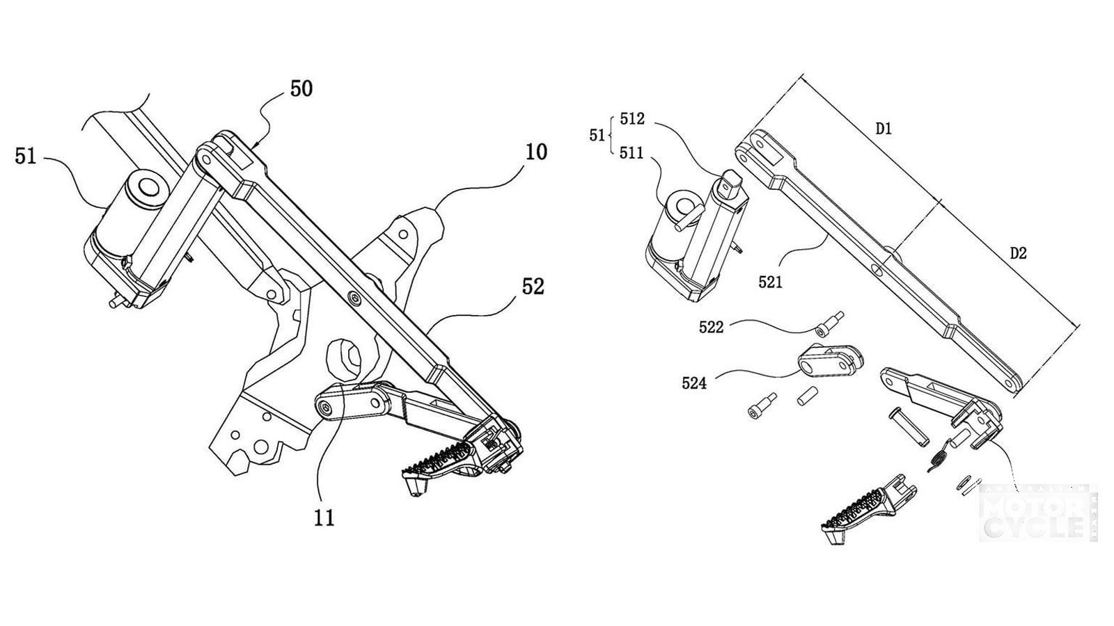 Στο επίκεντρο βρίσκεται ένα σετ clip-on τιμονιών, τοποθετημένα σε συμβατικό πιρούνι USD και τιμονόπλακα, τα οποία μπορούν να ανεβαίνουν ή να κατεβαίνο