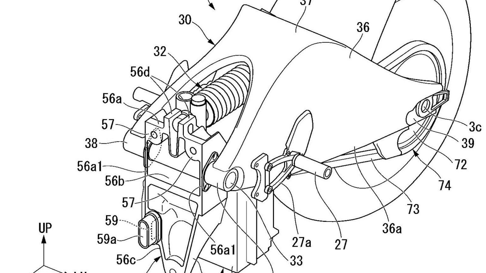 Το πιο εντυπωσιακό στοιχείο της πατέντας είναι η ασυνήθιστη θέση του κινητήρα και του κιβωτίου ταχυτήτων, τα οποία βρίσκονται πίσω από τον άξονα του ψ