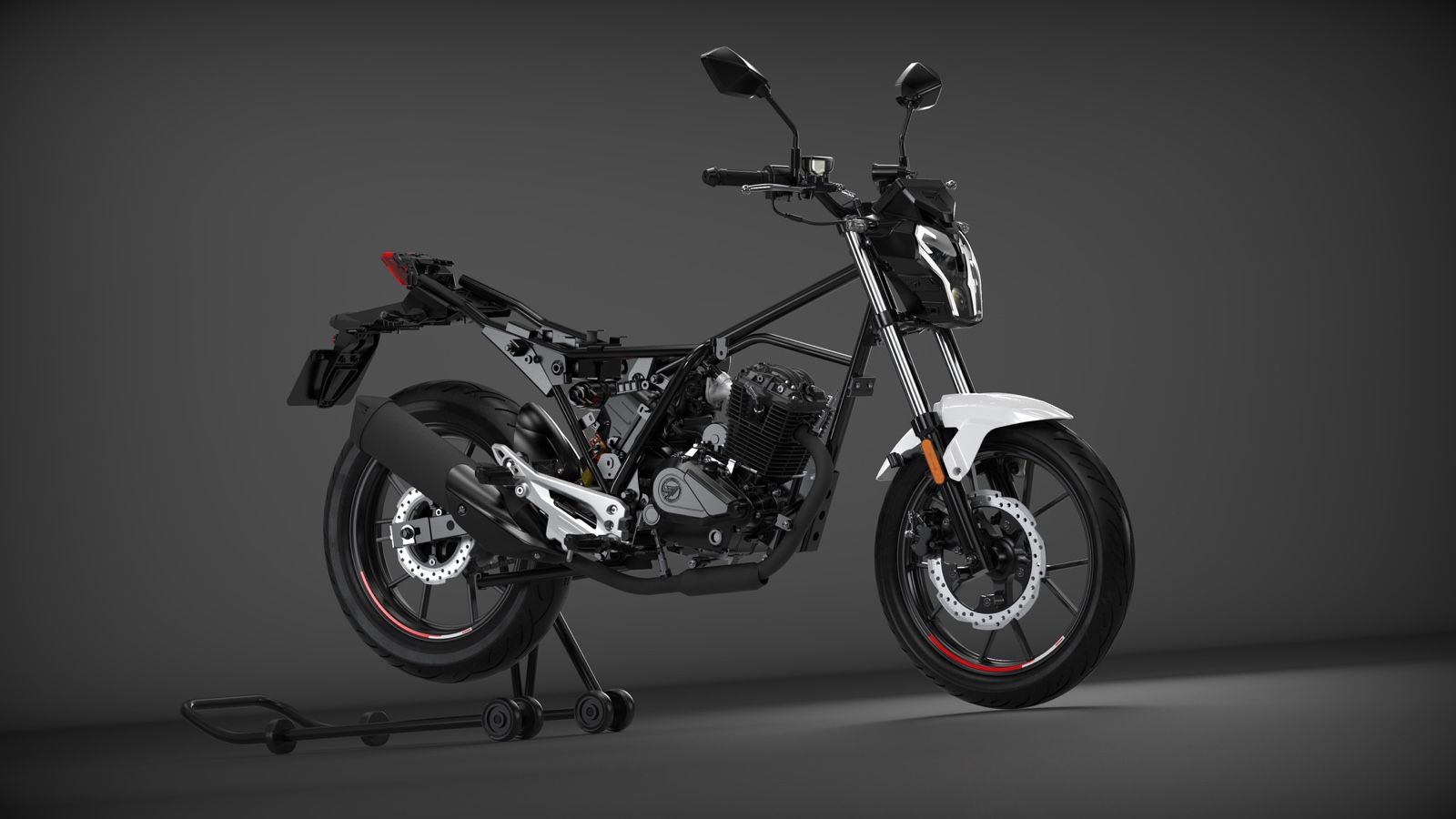 Το πλαίσιο της μοτοσυκλέτας είναι ατσάλινο σωληνωτό, το οποίο προσφέρει ακαμψία και συμπληρώνεται από ένα τηλεσκοπικό εμπρόσθιο πιρούνι.