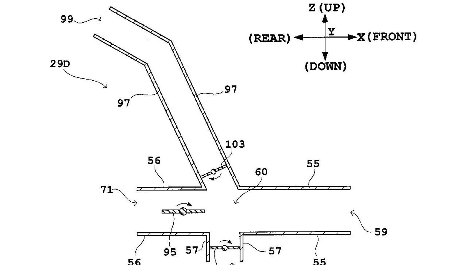 Στην πρώτη πατέντα, η Yamaha χωρίζει την εξάτμιση σε δύο εξόδους που ελέγχονται από μία βαλβίδα τύπου butterfly. Η μία είναι μεγαλύτερης διαμέτρου και