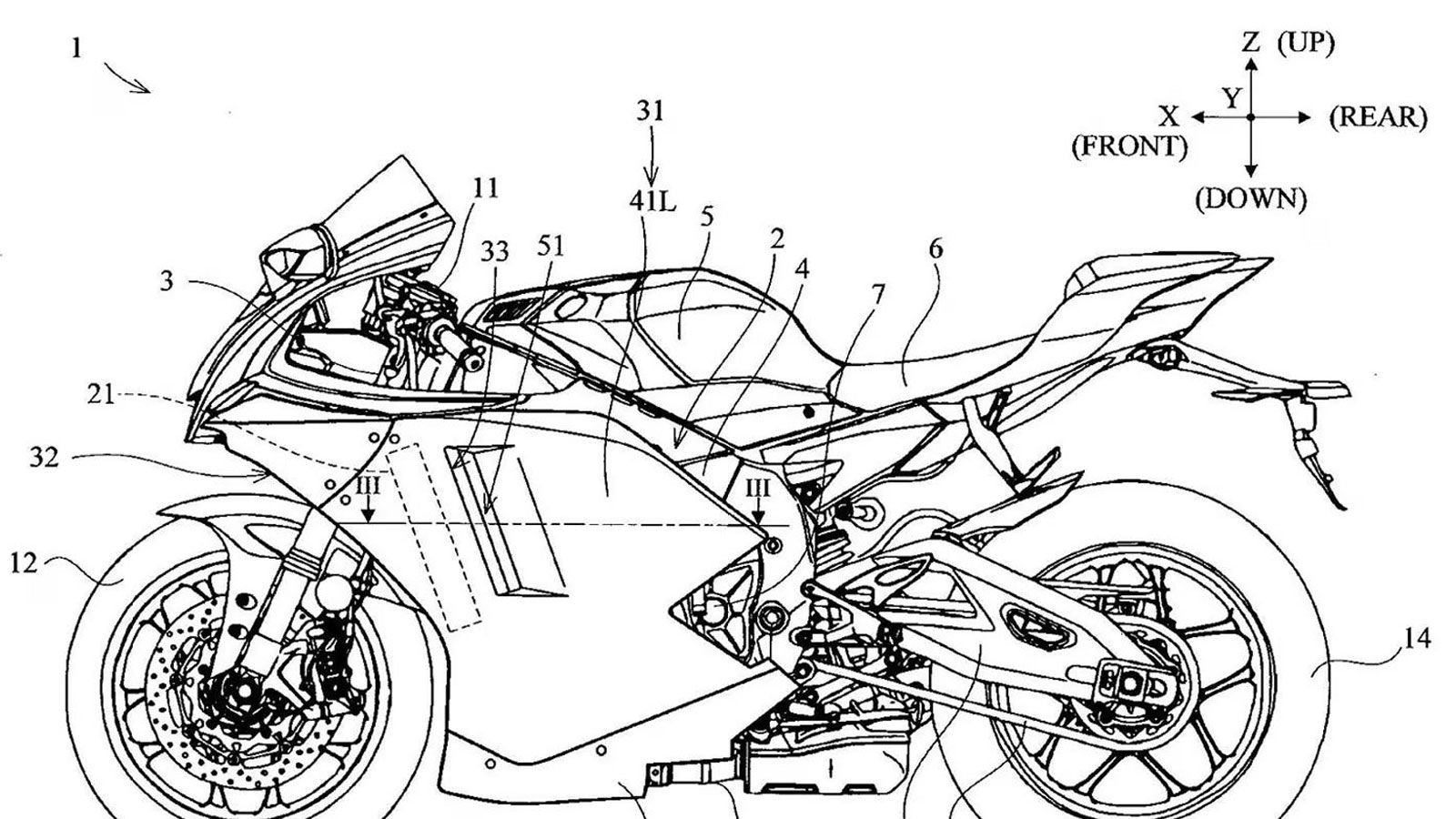 Το έγγραφο ευρεσιτεχνίας δείχνει ένα ριζικά ανασχεδιασμένο φέρινγκ, με ενεργούς αεραγωγούς που μπορούν να ανοίγουν ή να κλείνουν αυτόματα, προσαρμόζον