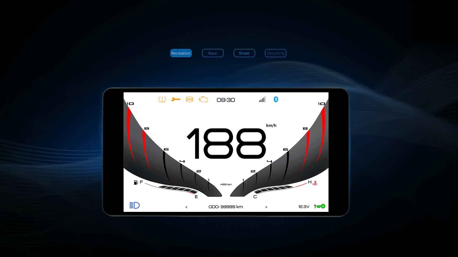 Ο πίνακας οργάνων είναι μία έγχρωμη οθόνη TFT, με τέσσερα διαφορετικά θεματικά interfaces (Race, Street, Recreation, Simplicity) και αυτόματη εναλλαγή