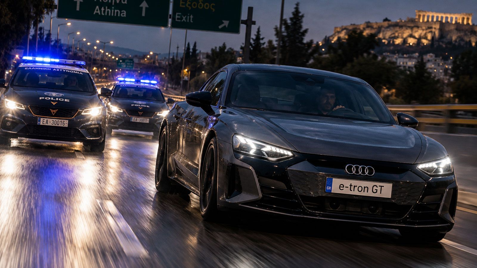 Audi e-tron GT 585 ίππων δυσκόλεψε τα CUPRA Leon VZ των 300 ίππων της ΕΛ.ΑΣ.