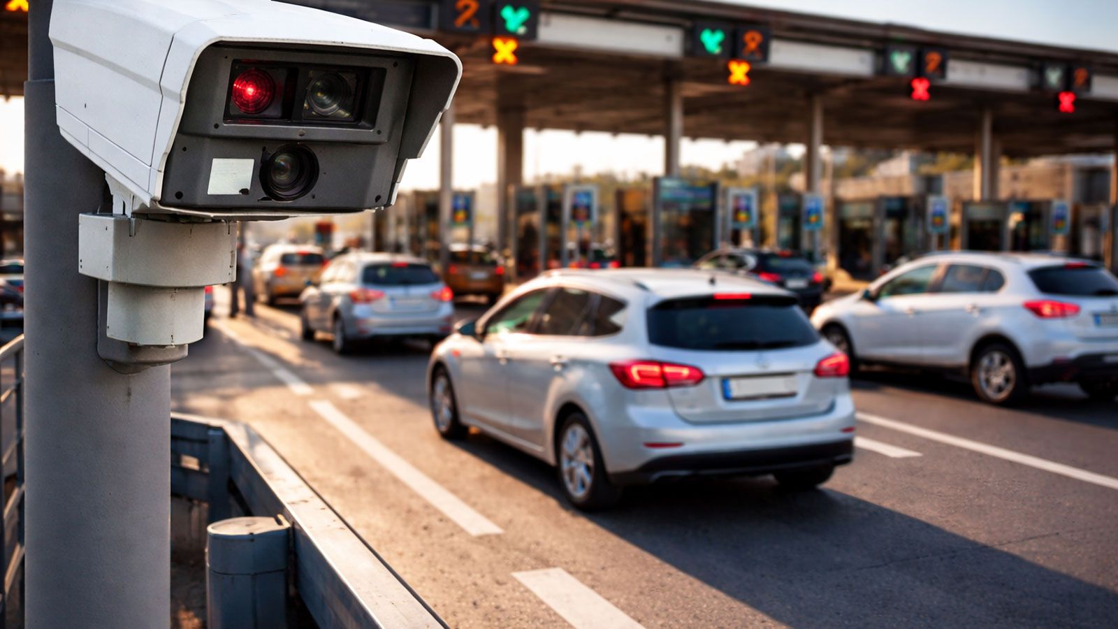 Κάμερα αυτόματης αναγνώρισης πινακίδων σε σταθμό διοδίων καταγράφει διερχόμενα οχήματα σε πολυσύχναστο αυτοκινητόδρομο.