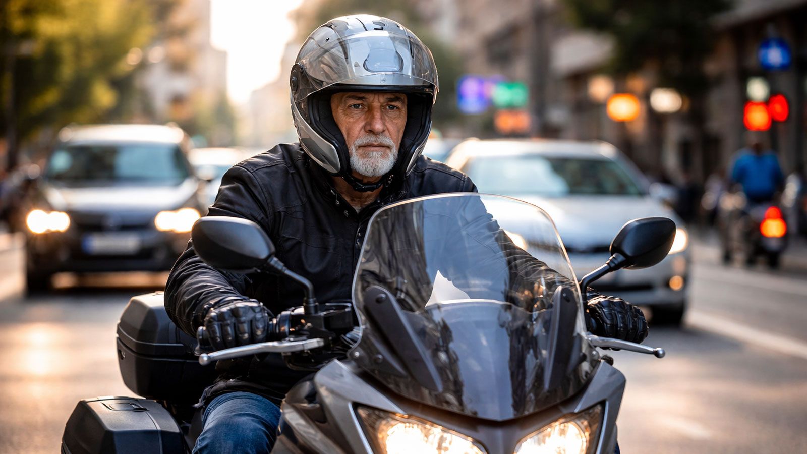 ηλικιωμένος οδηγός σε μοτοσυκλέτα στο δρόμο σε αστρικό περιβάλλον