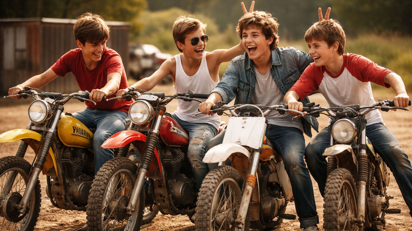 Παρέα εφήβων πάνω σε παλιές χωμάτινες μοτοσυκλέτες γελούν και κάνουν αστεία σε ανοιχτό χωράφι, απολαμβάνοντας ανέμελες στιγμές καλοκαιριού.