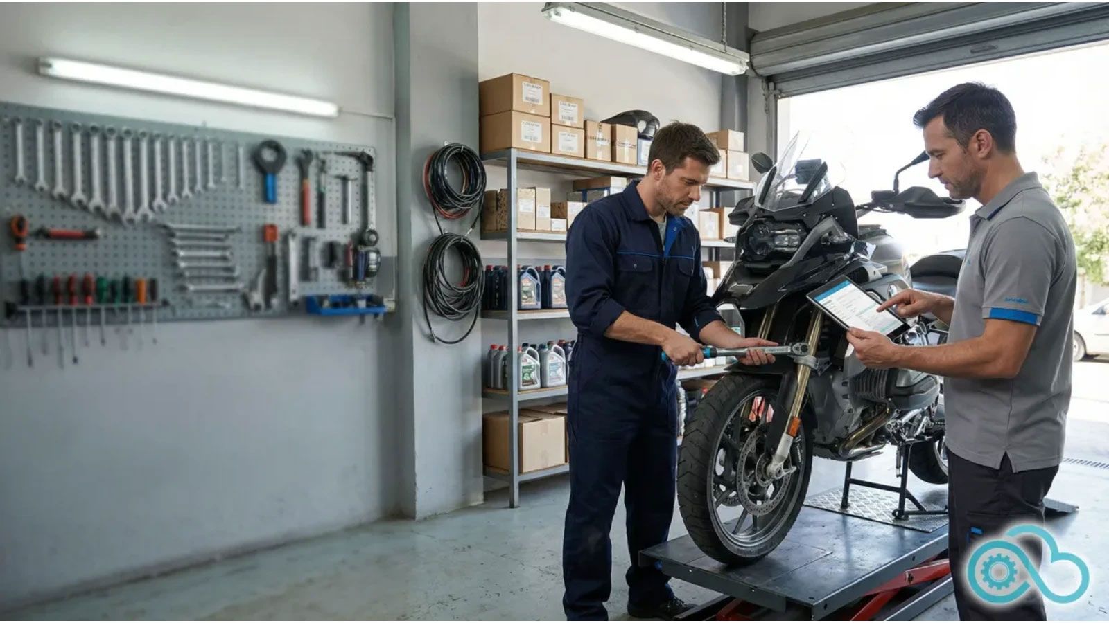 Συνεργείο μοτοσυκλέτας, εργασία πάνω σε μοτοσυκλέτα.