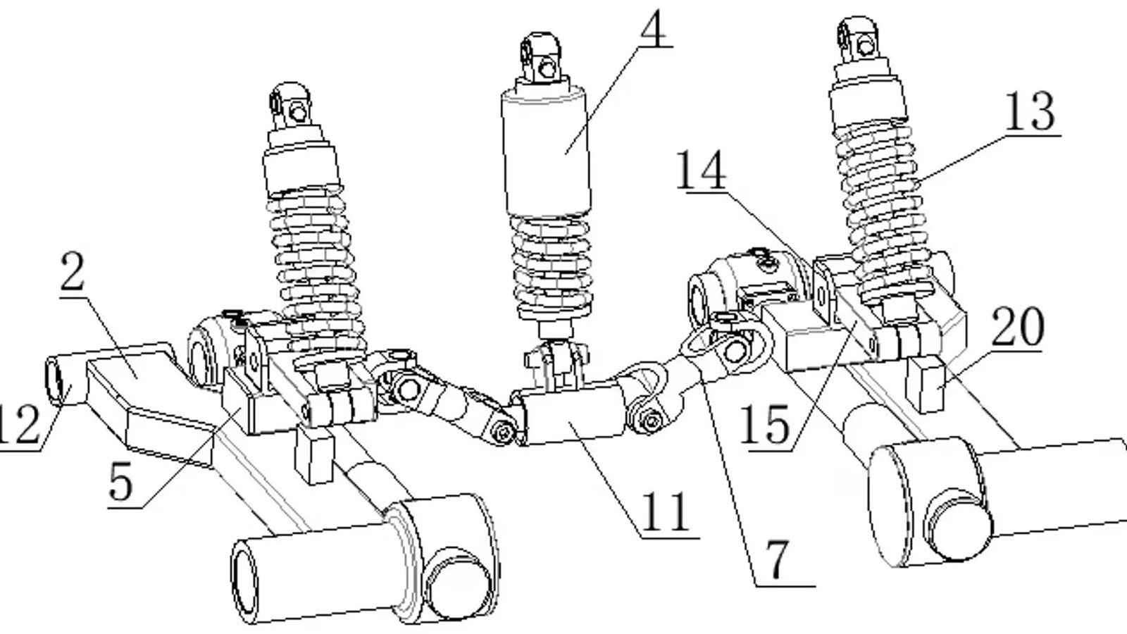 Η πατέντα δείχνει σύστημα που τοποθετείται στο πίσω μέρος συμβατικού πλαισίου μοτοσυκλέτας. Εκεί βρίσκονται δύο μονόμπρατσα ψαλίδια, ένα για κάθε πίσω