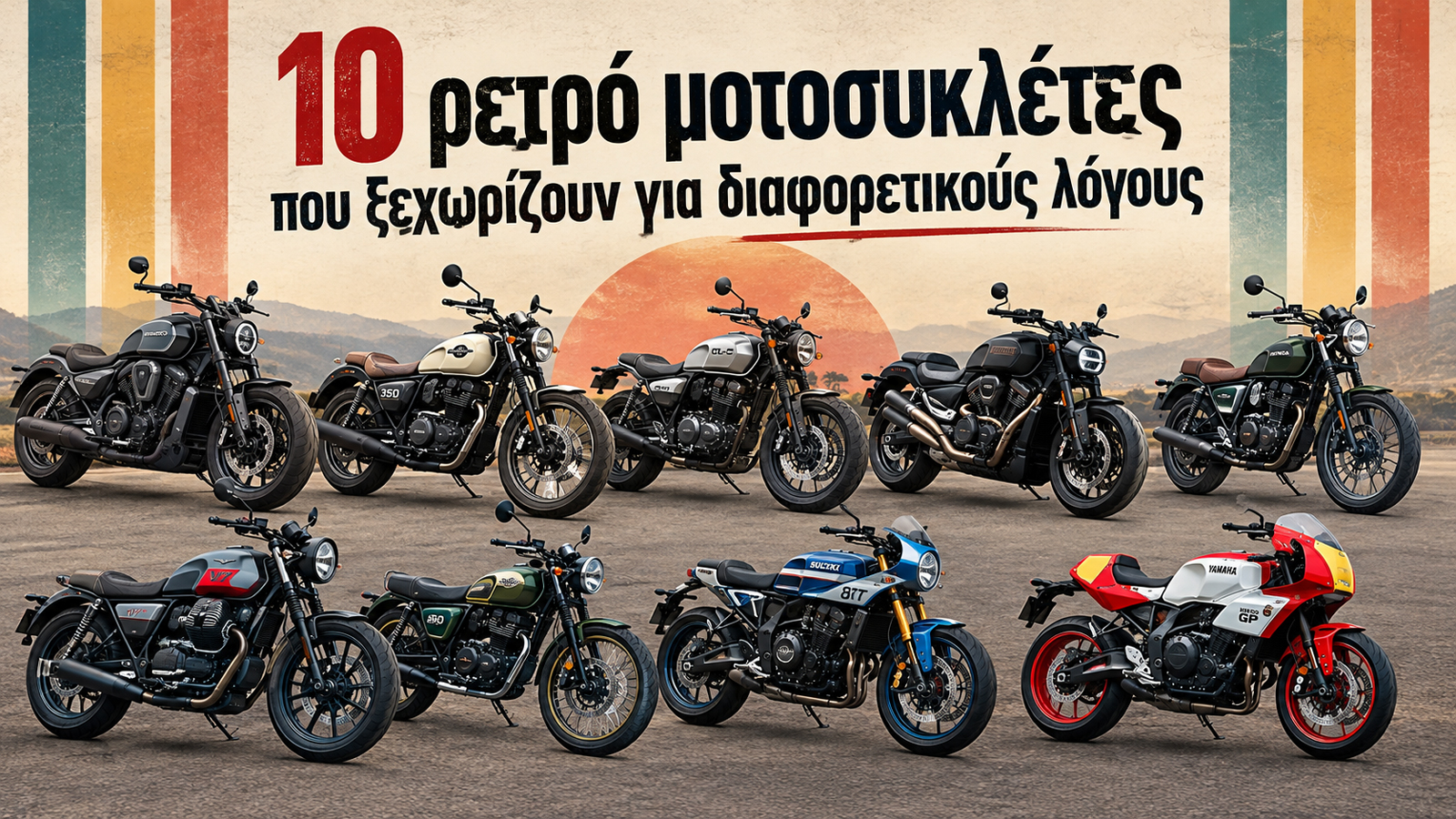 Από προσιτά μοντέλα για την πόλη μέχρι τετρακύλινδρα cruiser και σπορ μοτοσυκλέτες με αγωνιστικές αναφορές, αυτές οι 10 προτάσεις αποδεικνύουν ότι το ρετρό δεν έχει μόνο μία πλευρά. Από προσιτά μοντέλα για την πόλη μέχρι τετρακύλινδρα cruiser και σπορ μοτοσυκλέτες με αγωνιστικές αναφορές, αυτές οι 10 προτάσεις αποδεικνύουν ότι το ρετρό δεν έχει μόνο μία πλευρά.