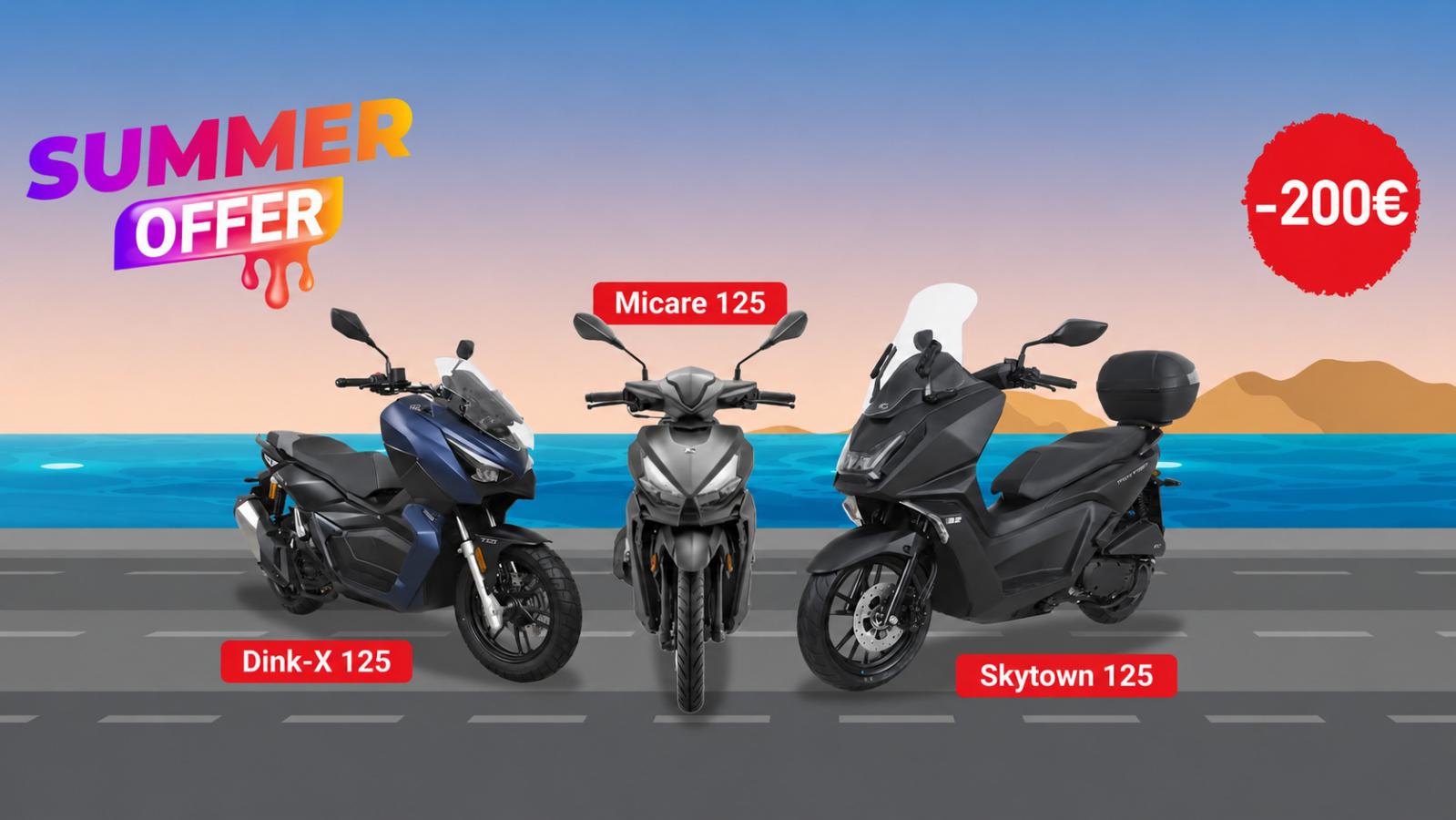 Η KYMCO εγκαινιάζει το Summer Offer, μια νέα προωθητική ενέργεια που μειώνει κατά 200 ευρώ την τιμή τριών από τα δημοφιλέστερα scooter 125 κ.εκ. της γκάμας της. Η KYMCO εγκαινιάζει το Summer Offer, μια νέα προωθητική ενέργεια που μειώνει κατά 200 ευρώ την τιμή τριών από τα δημοφιλέστερα scooter 125 κ.εκ. της γκάμας της.