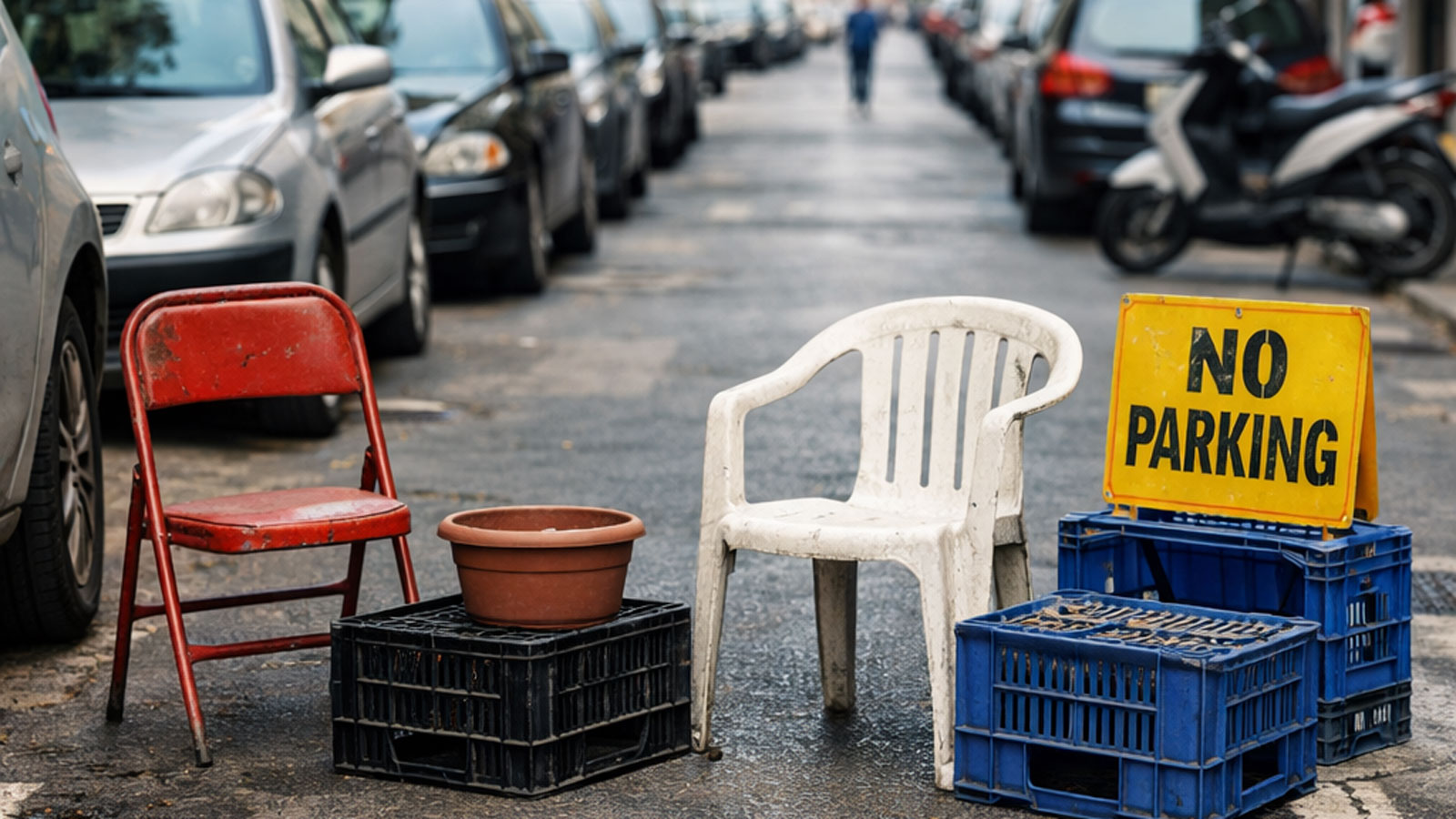 Η εικόνα είναι γνώριμη: καρέκλες, γλάστρες, καφάσια ή ακόμη και ένα μηχανάκι τοποθετημένο στο οδόστρωμα, ώστε να «κρατήσει» τη θέση. Στην πράξη, πρόκειται για αυθαίρετη κατάληψη δημόσιου χώρου, που δη