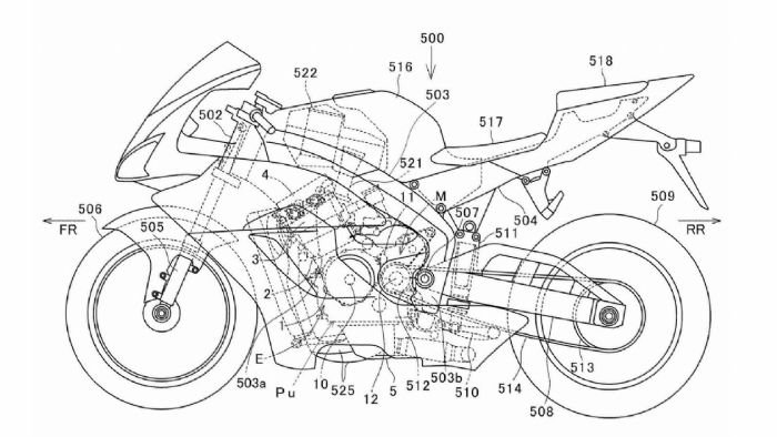 To γενικό σχέδιο της νέας superbike που χρησιμοποιήθηκε στην πατέντα της Honda - Προφανώς, η νέα μοτοσυκλέτα θα είναι διαφορετική στην εμφάνιση. 