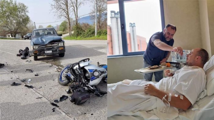 Αριστερά: Φωτό από το ατύχημα. Δεξιά: O Antun στο νοσοκομείο, δέχεται την βοήθεια του Έλληνα συντρόφου-συντρόχου. (Kavalapost.gr)