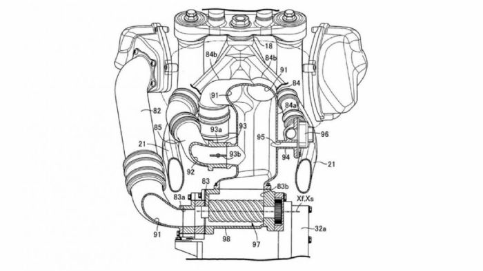 Όψη του κινητήρα από πίσω, στην οποία φαίνεται η μορφή των στοιχείων του κομπρέσορα. 