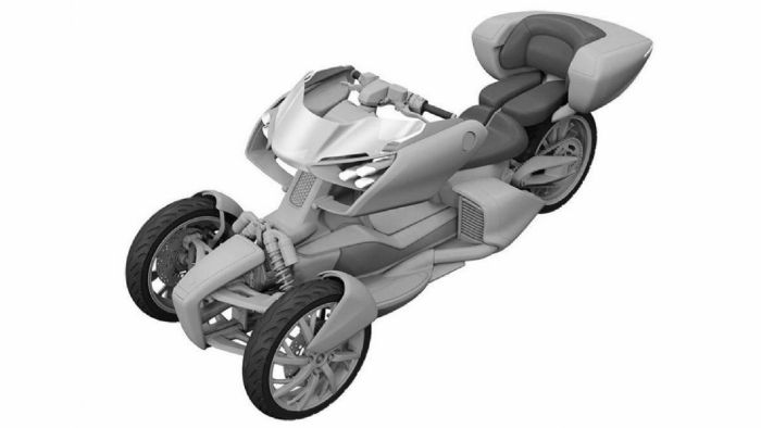 Σχέδιο που απεικονίζει την πιθανή μορφή, ενός μελλοντικού τρίτροχου οχήματος της Yamaha που θα φέρει το υβριδικό μηχανικό σύνολο. 