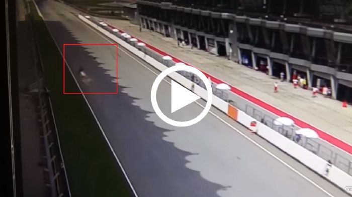 Η πτώση του Baz όπως την κατέγραψε η CCTV κάμερα της πίστας. Η πτώση του Baz όπως την κατέγραψε η CCTV κάμερα της πίστας.