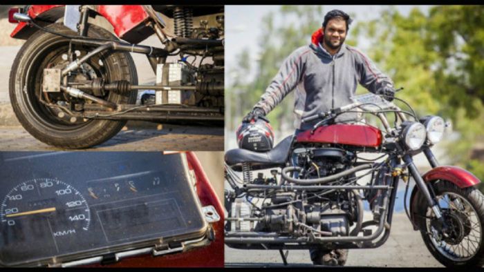 Μια custom μοτοσυκλέτα με κινητήρα Maruti 800 κ.εκ. Μια custom μοτοσυκλέτα με κινητήρα Maruti 800 κ.εκ.