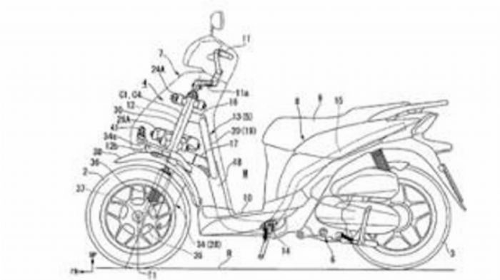 To σχέδιο που κατέθεσε η Honda. Φαίνεται η αντισυμβατική ανάρτηση εμπρός, η οποία θυμίζει διάταξη Hossack και υπονοεί την ύπαρξη τριών τροχών!