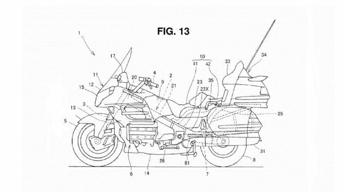 Το αρχικό σχέδιο της πατέντας. Είναι ξεκάθαρο ότι προς το παρόν, η Honda την προ Το αρχικό σχέδιο της πατέντας. Είναι ξεκάθαρο ότι προς το παρόν, η Honda την προορίζει για χρήση σε τουριστική μοτοσικλέτα.