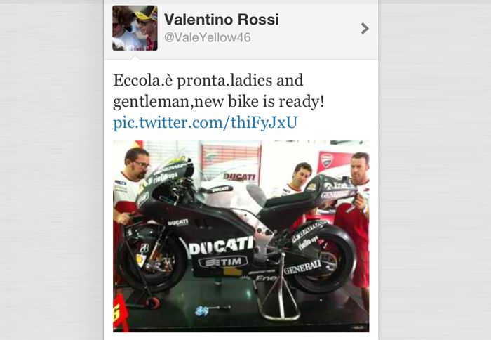 Από το twitter αποκάλυψε ο Rossi τη νέα μοτοσικλέτα της Ducati.