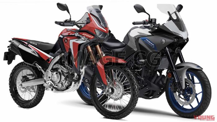 Αριστερά, το υποθετικό Honda Africa Twin 250, δίπλα σε ένα επίσης υποθετικό Yamaha Tracer 250. 