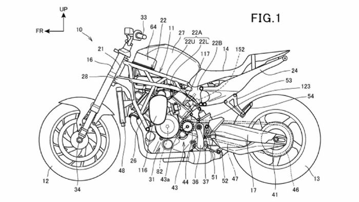 Το ολόκληρο σχέδιο της νέας μοτοσυκλέτας της Honda. Προσέξτε την μετάδοση της κίνησης από τον στροφαλοφόρο στον κομπρέσορα. 
