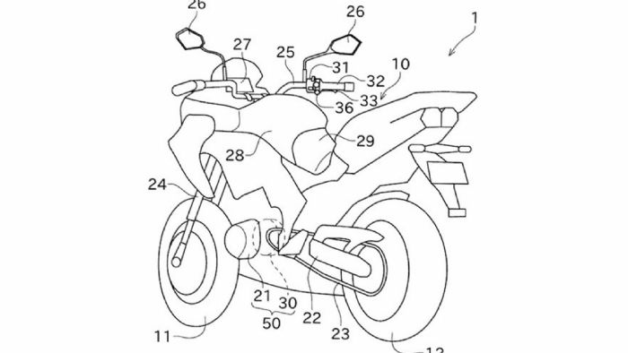 To κύριο σχέδιο της υβριδικής μοτοσυκλέτας: Ο ηλεκτροκινητήρας έχει τον αριθμό 30. 