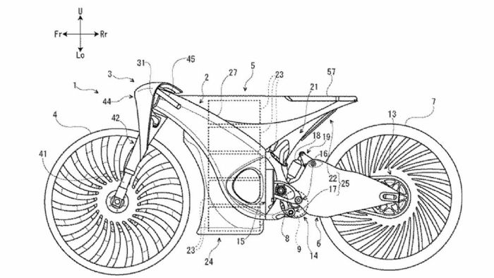 Μερικά από τα σχέδια της πατέντας της Suzuki για την ηλεκτρική μοτοσυκλέτα της. 